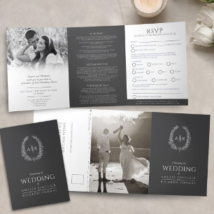 Oval monogram wedding RSVP grey white Tri-Fold Invitation