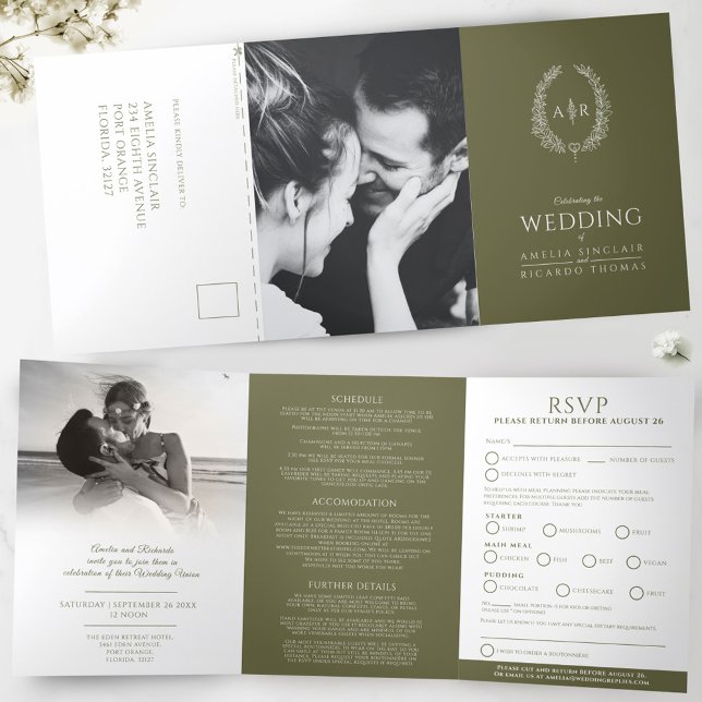 Oval monogram wedding RSVP olive green white Tri-Fold Invitation (Creator Uploaded)