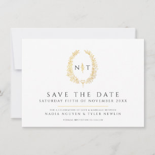 Oval of leaves white black photo wedding save the date