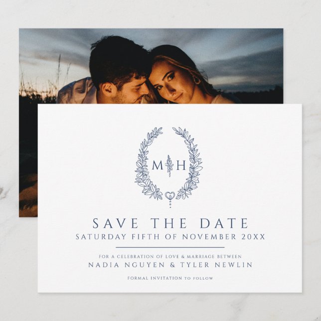 Oval of leaves white blue photo wedding save the date (Front/Back)