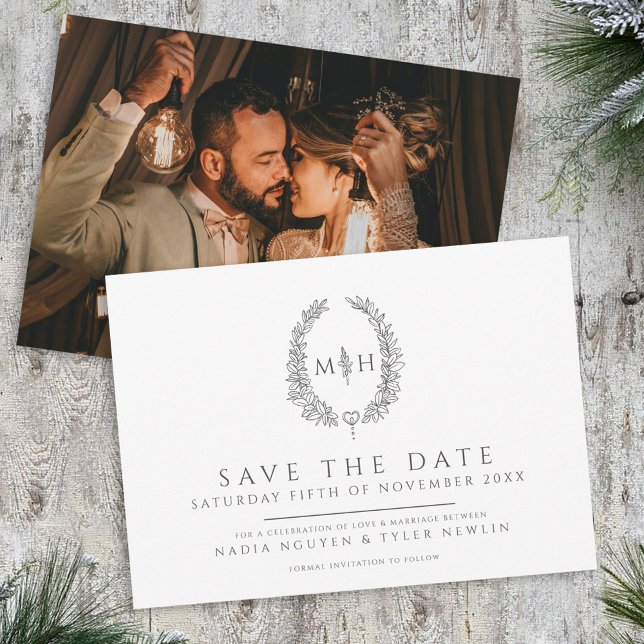 Oval of leaves white grey photo wedding save the date (Creator Uploaded)