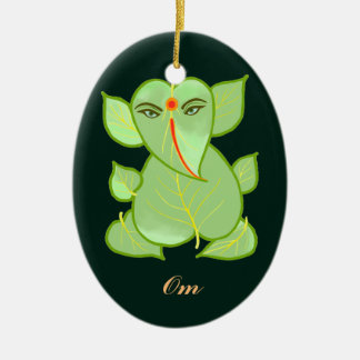 Oval Om Green Leaves Ganpati Ornament