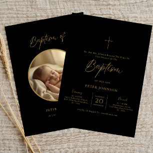Oval Photo Black & Gold Gender Neutral Baptism Invitation