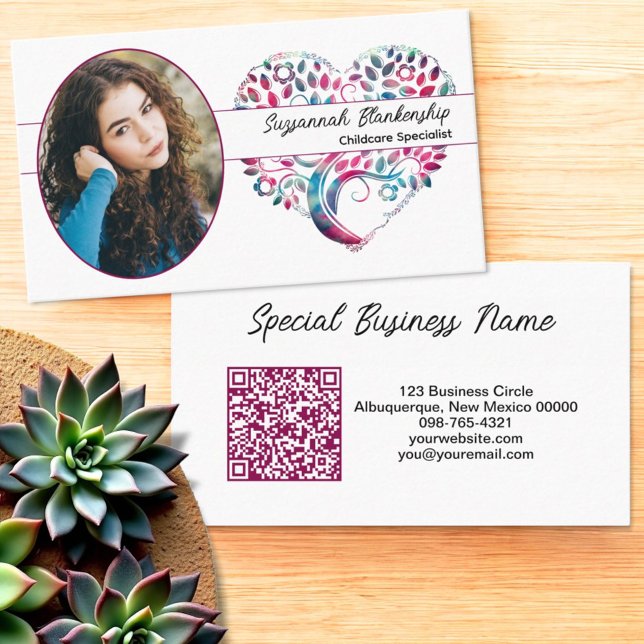 Oval Photo Tree Heart Art Matching Colour QR Code Business Card (Template business card front and back )