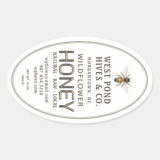Oval Queenline Honey Jar Label with Bee 16 & 32oz (Front)