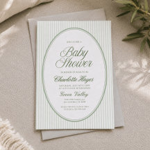 Oval Sage Green Striped Baby Shower Invitation