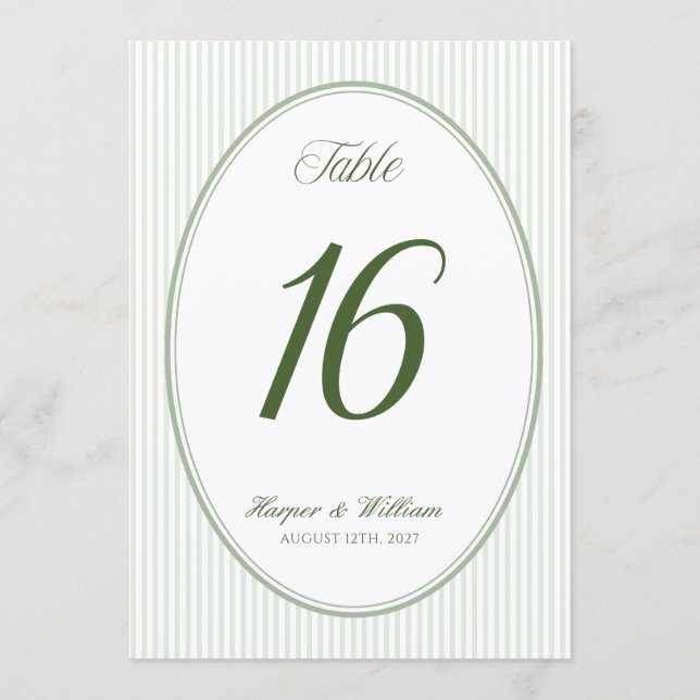 Oval Sage Green Striped Table Number (Front)