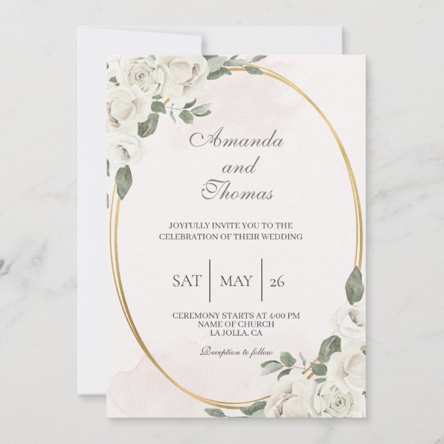 Oval shaped with white flower wedding Invitation (Front)
