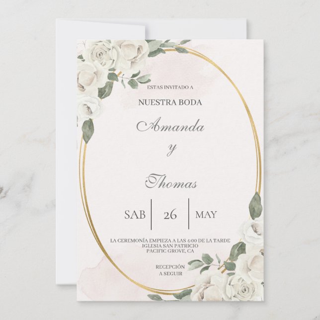 Oval shaped with white flower wedding Invitation (Front)
