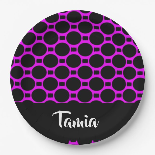 Oval shapes pink black paper plate (Front)