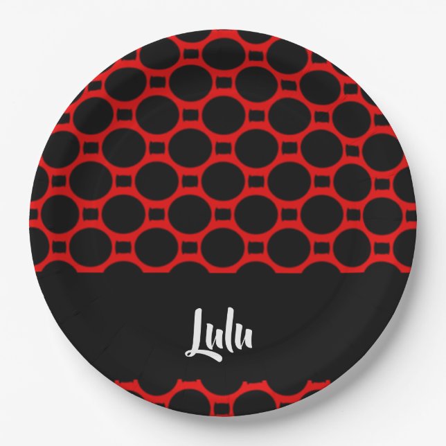 Oval shapes red black paper plate (Front)