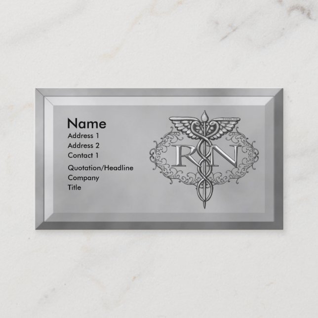 Oval silver caduceus nurse business card (Front)