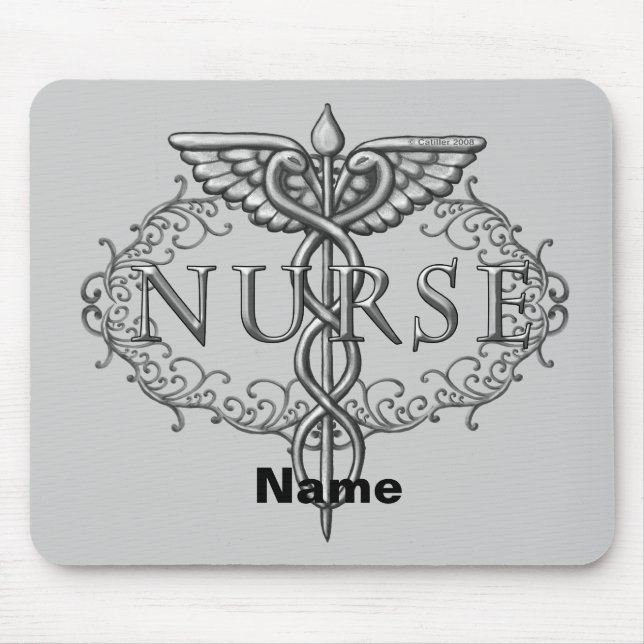 Oval silver caduceus nurse mouse mat (Front)