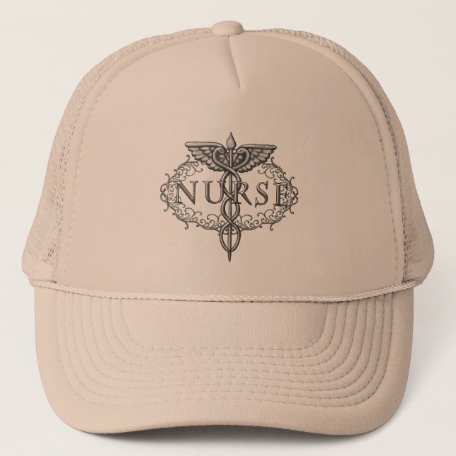 Oval silver caduceus nurse trucker hat (Front)