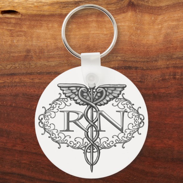 Oval Silver Caduceus RN Nurse Basic Round Keychain (Front)