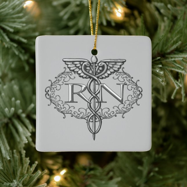 Oval Silver Caduceus RN Nurse Ceramic Ornament (Tree)