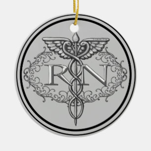 Oval Silver Caduceus RN Nurse Ceramic Tree Decoration