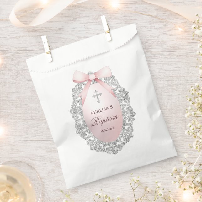 Oval Silver Glitter Frame Pink Bow Baptism Favour Bags (Clipped)