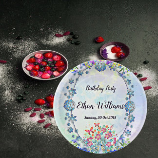 Oval Soft Blue Pastel Purple Hydrangea Birthday Paper Plate