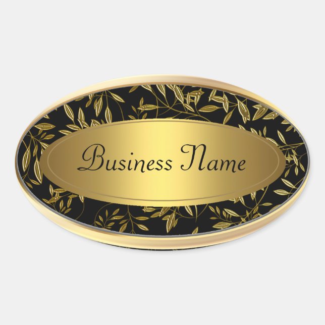Oval Sticker Address Label Black Gold Floral 2 (Front)