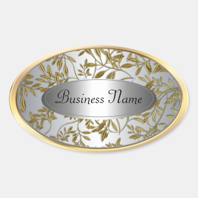 Oval Sticker Label Black Silver Gold Floral (Front)