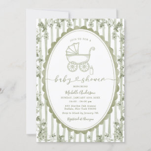 Oval Stripes Toile Floral Baby Shower Sage Green Invitation