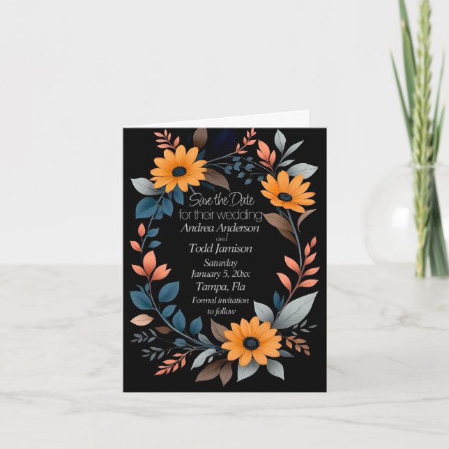 Oval sunflower wreath wedding announcement (Front)