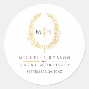 Oval wreath art leaves gold black monogram wedding classic round sticker