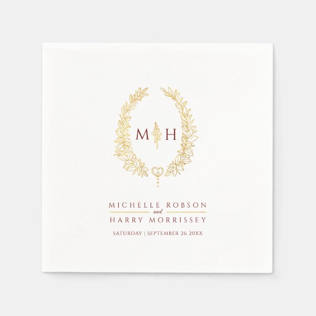 Oval wreath art leaves gold red monogram wedding  napkin (Front)