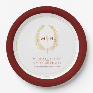 Oval wreath art leaves gold red monogram wedding paper plate