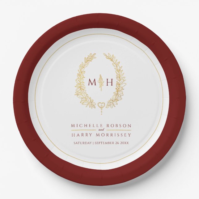 Oval wreath art leaves gold red monogram wedding paper plate (Front)
