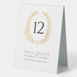 Oval wreath leaf gold white wedding table number