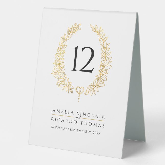Oval wreath leaf gold white wedding table number (Front)