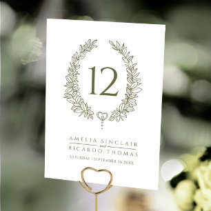 Oval wreath leaf olive green white wedding table number