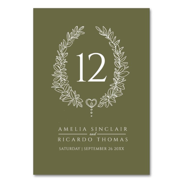 Oval wreath leaf olive green white wedding table number (Front)