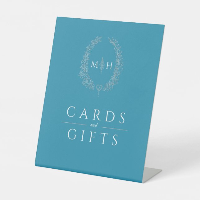 Oval wreath teal silver wedding cards and gifts pedestal sign (Front)