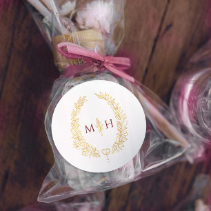 Oval wreath wedding monogram gold dark red white classic round sticker