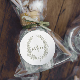 Oval wreath wedding monogram olive green white classic round sticker