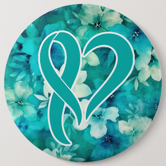 Ovarian Cancer Awareness Heart Shaped Ribbon 6 Cm Round Badge (Front)