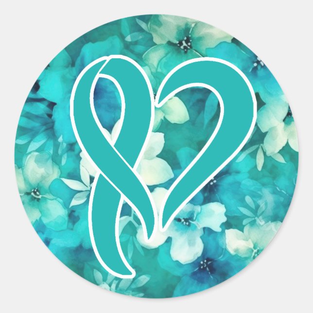 Ovarian Cancer Awareness Heart Shaped Ribbon Classic Round Sticker (Front)