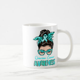 Ovarian Cancer Awareness Messy Bun Teal Ribbon Coffee Mug