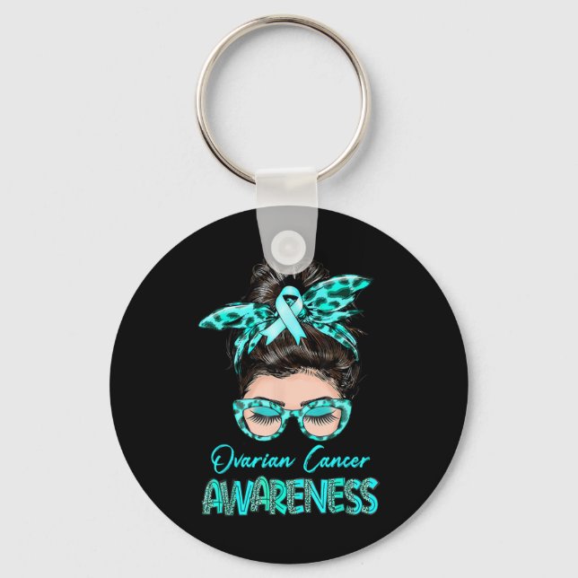 Ovarian Cancer Awareness Messy Bun Teal Ribbon  Key Ring (Front)