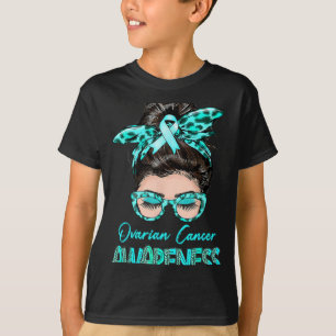 Ovarian Cancer Awareness Messy Bun Teal Ribbon  T-Shirt