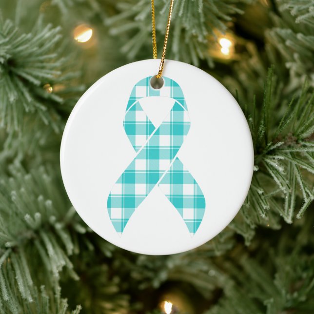 Ovarian Cancer Awareness Plaid Teal Ribbon Ceramic Tree Decoration (Tree)