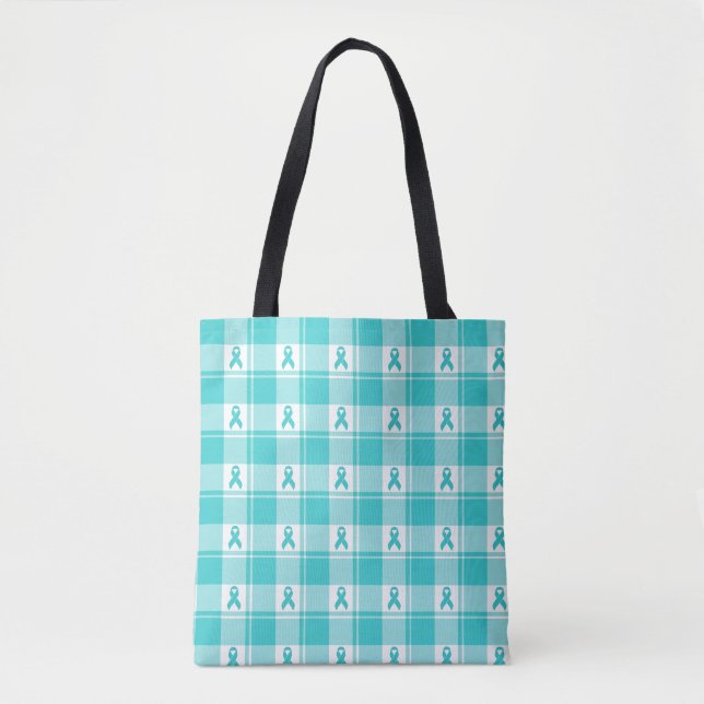 Ovarian Cancer Awareness Plaid Tote Bag, Teal (Front)