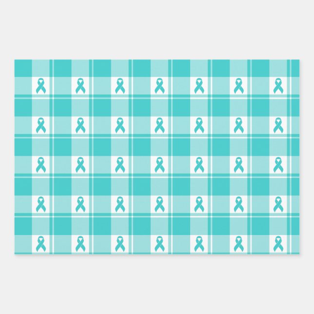Ovarian Cancer Awareness Plaid Wrapping Paper Teal (Front)