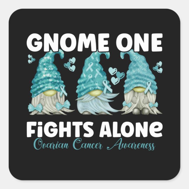 Ovarian Cancer Awareness Teal Ribbon Gnome Square Sticker (Front)