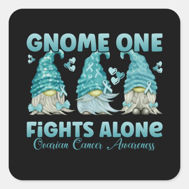 Ovarian Cancer Awareness Teal Ribbon Gnome Square Sticker (Front)