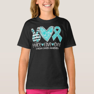 Ovarian Cancer Awareness Teal Ribbon Heart Peace L T-Shirt