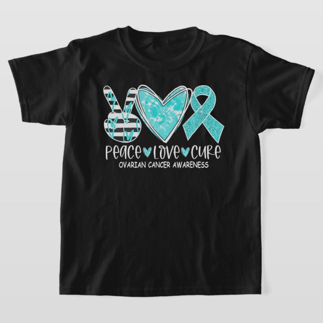 Ovarian Cancer Awareness Teal Ribbon Heart Peace L T-Shirt (Laydown)